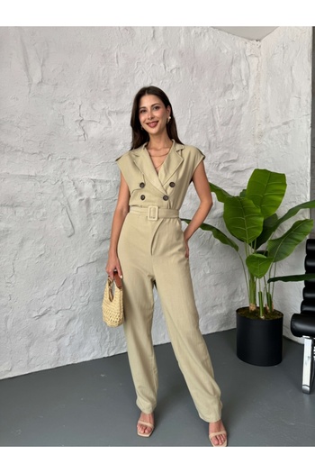 Elif Özbey Butik Khaki Four Button Linen Jumpsuit