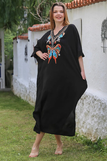 hazelin Women's Black V-Neck Batwing Sleeve Hidden Pocket Slit Viscose Dress Hzl25S-Vm10461