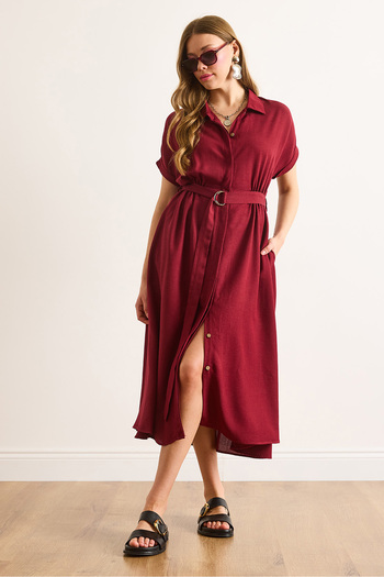 Olalook Women's Burgundy Belted Hidden Placket Midi Bell Shirt Dress Elb-19002476