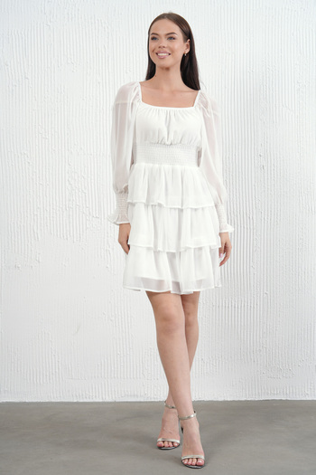 barış sülün lovebox Women's Skirt Floor Detailed Lined Chiffon Fabric White Evening Dress 078