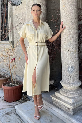 GÜLSELİ Ecru Front Button Belted Short Sleeve Dress