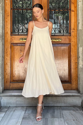 GÜLSELİ Ecru Women's Adjustable Strap Loose Cut Dress