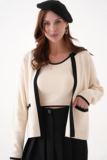 SHEMALL LUXURY Women's Color Block Beige Cardigan and Blouse Two Piece Set