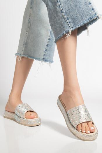 Dilimler Ayakkabı Women's Wedge Heeled Slippers Beige Thick Single Strap Stone Buckle Sole Wrapped