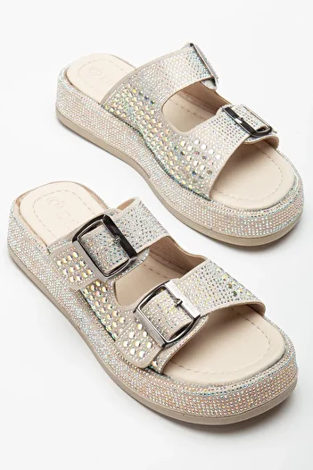 Dilimler Ayakkabı Women's Wedge Heeled Slippers Beige Double Strap Stone Buckle