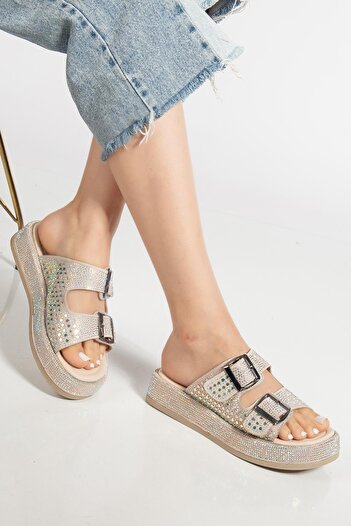 Dilimler Ayakkabı Women's Wedge Heeled Slippers Beige Double Strap Stone Buckle