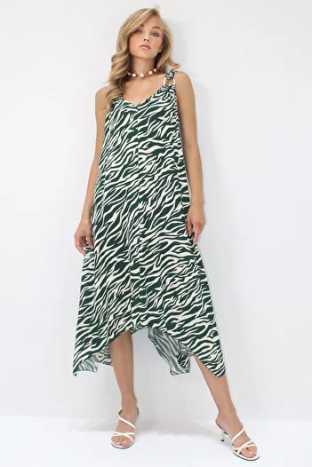 Trend Alaçatı Stili Women's Walnut Green Asymmetric Cut Strap Ring Detail Comfortable Fit Woven Viscose Dress Alc-X14203