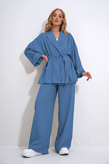 Trend Alaçatı Stili Women's Indigo Blue Wrinkled Look Blazer Jacket Bottom Top Suit Alc-X12433