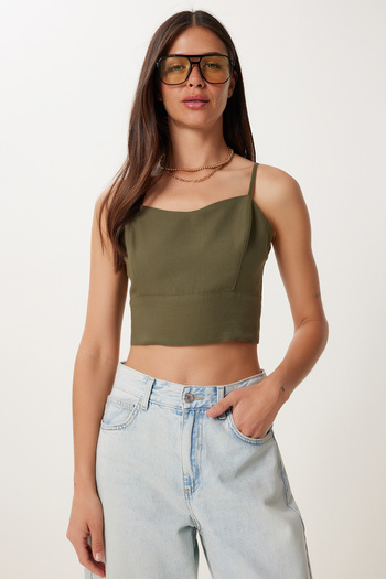 Happiness İstanbul Women's Khaki Strap Crop Linen Blouse Mx00219