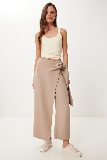 Happiness İstanbul Women's Mink Skirt Look Tie Detailed Linen Trousers Bv00145