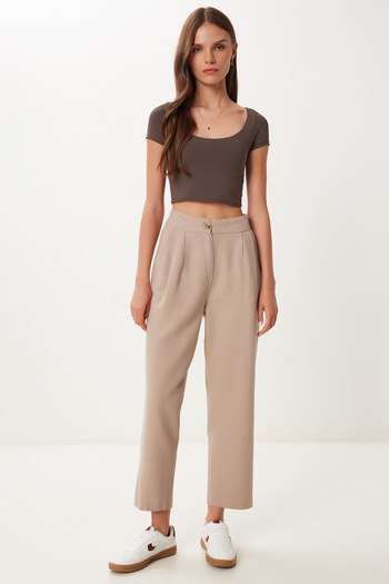 Happiness İstanbul Women's Beige Pocket Linen Shalwar Trousers Bv00164