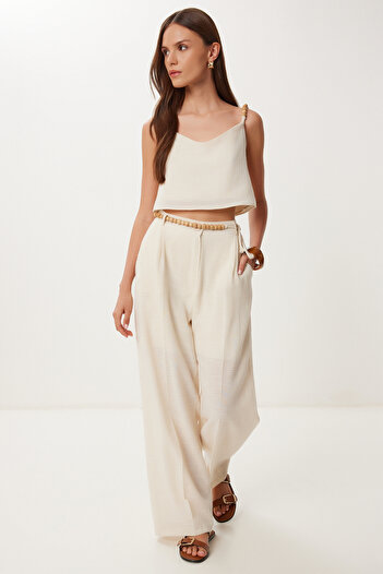 Happiness İstanbul Women's Cream Bead Detail Linen Blouse Pants Suit Bv00170