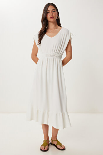 Happiness İstanbul Women's Ecru Flounced Summer Midi Crinkle Knitted Dress Zv00333