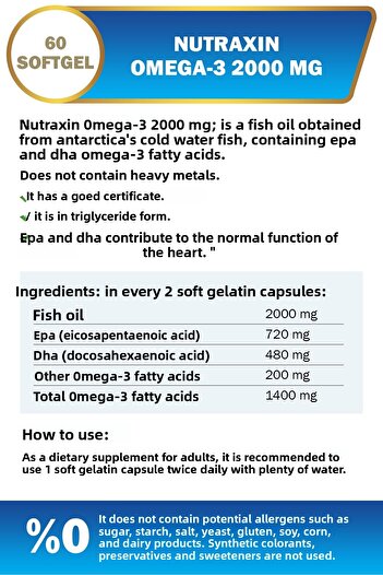 Nutraxin أوميغا 3 2000 ملغ 60 كبسولة هلامية - زيت السمك، EPA 720، DHA 480 ملغ