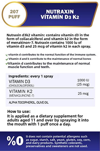 Nutraxin D3 K2 - 1000 Iu Vitamin D3-25 Mcg Vitamin K2 - 120 Tablets