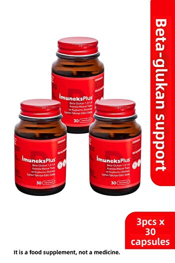 Imuneks Farma Plus Beta Glucan (1,3/1,6) Acerola Fruit Powder, Rosehip Extract Supplement Food 30 Capsules X 3 Pcs