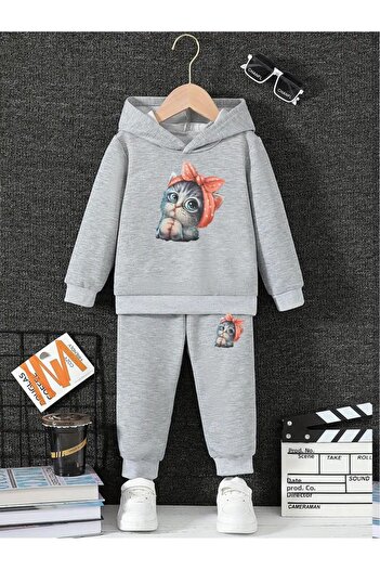 THEKONT Unisex Cute Cat Printed Hooded Cotton Tracksuit Set