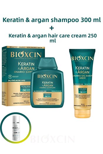 Bioxcin Keratin & Argan Onarıcı Şampuan 300 ml + Keratin & Argan Saç Bakım Kremi 250 ml + Yüz Temizleme Jeli