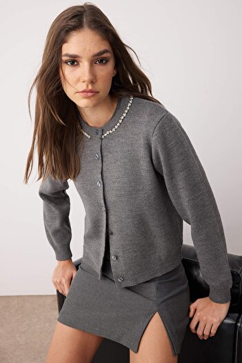 Trendyol Collection Anthracite Stone Detailed Soft Textured Double Knitwear Cardigan-Blouse Twoaw26Hi00007