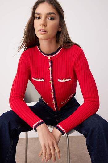 Trendyol Collection Red Crop Color Block Jacket Look Knitwear Cardigan Twoaw23Hi00550