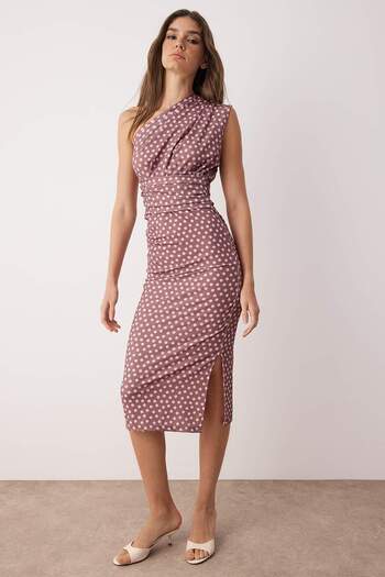 Trendyol Collection Rochie midi tricotată maro cu buline, cu un singur umăr, asimetrică, cu șnur TWOSS23EL02182