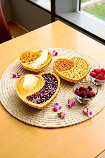 SWENCRAFT Natural Wood Luxury Bamboo 3 Pieces Presentation Plate Snack Plate Breakfast Plate Bowl Premium Dowery Set