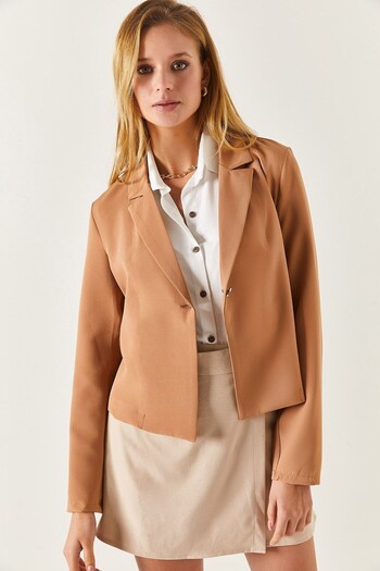 armonika Women's Beige Single Button Crop Jacket Arm-22y001237
