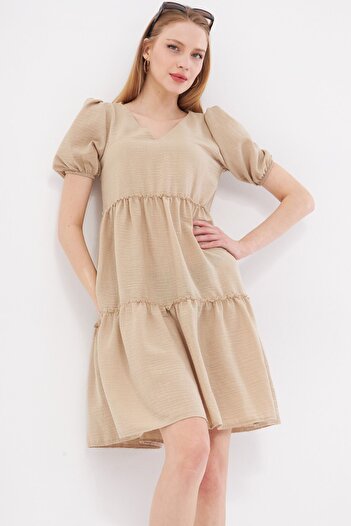 armonika Beige V-Neck Frilly Linen Look Women's Dress - ARM-24Y001071