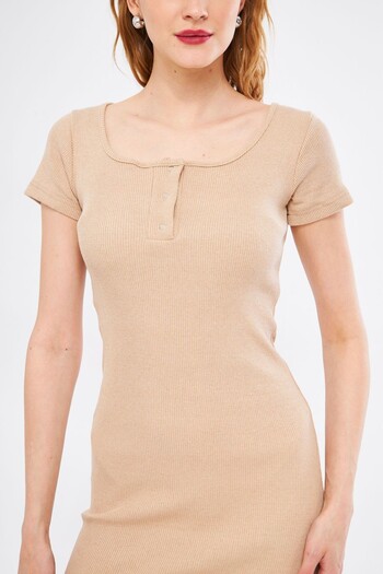 armonika Women's Beige Short Sleeve Dress with Snap Fasteners ARM-24Y133011