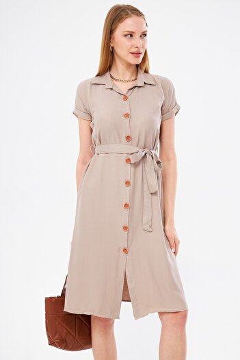 armonika Women's Beige Waist Belted Short Sleeve Shirt Dress ARM-19Y001068