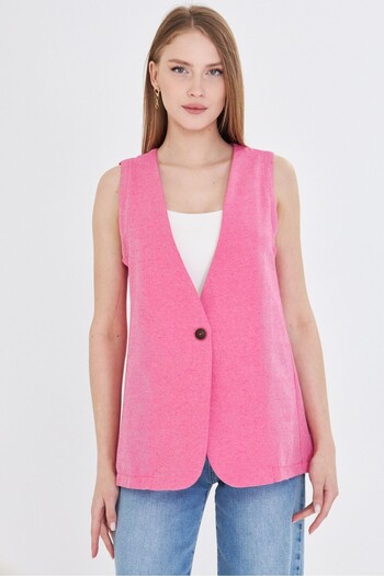 armonika Women's Fuchsia V-Neck Single Button Oversize Vest Arm-25Y 001036