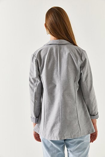 armonika Kadın Gri Kol İçi Çizgili Tek Düğmeli Ceket Arm-22K001122