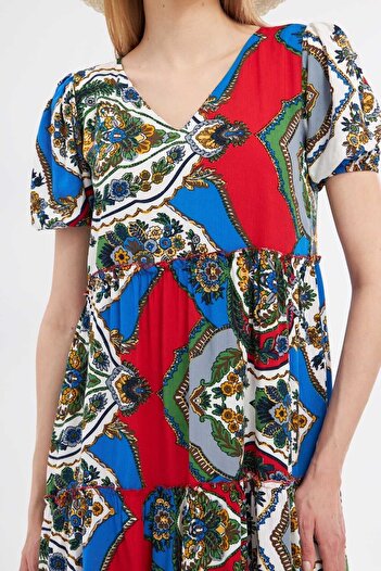 armonika Gray V-Neck Patterned Short Sleeve Ruffle Women's Dress - ARM-24Y001014