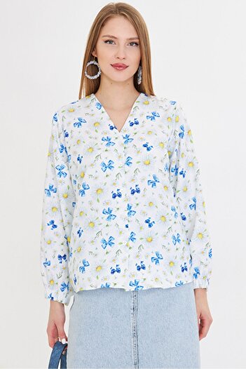 armonika Women's White Patterned Shirt with Elastic Sleeves Arm-25Y 001014