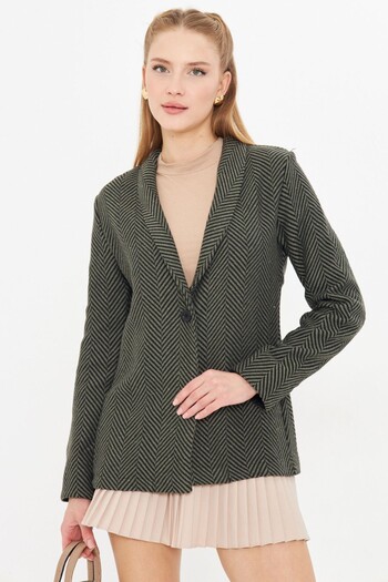 armonika Women's Khaki Fish Back Pattern Sleeve Folded Single Button Stamp Jacket ARM-24K001066