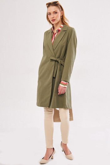 armonika Women's Khaki Side Tie Long Coat ARM-24Y001019