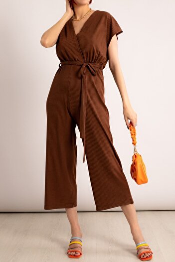 armonika Women's Brown Double Breasted Waist Belted Jumpsuit Arm-20y042008