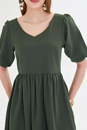 armonika Women Midi Length Dress Khaki U Neck Sleeves Elastic Waist Shirred Arm-25Y 001003