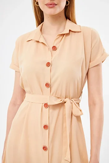 armonika Women's Cream Waist Belted Short Sleeve Shirt Dress ARM-19Y001068