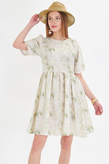 armonika Women's Beige Crew Neck Back Zipper Watermelon Sleeve Waist Shirred Dress Arm-25Y 001009