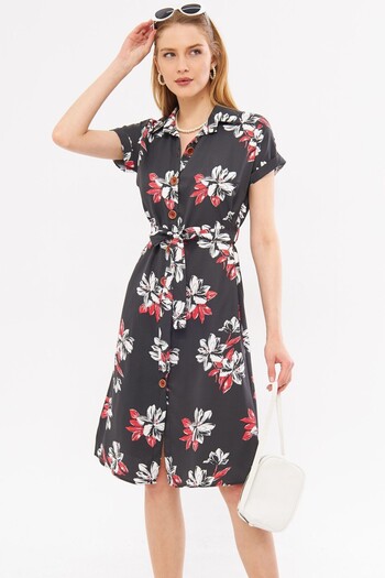 armonika Anthracite Short Sleeve Shirt Dress - with Large Flowers and Belt, ARM-22Y001007
