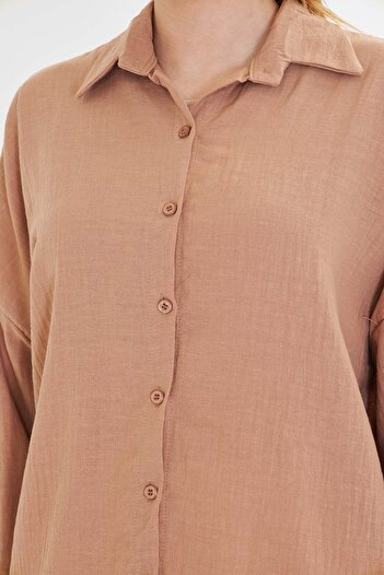 armonika Women's Beige Oversize Textured Linen Look Wide Cuff Shirt ARM-24K001001
