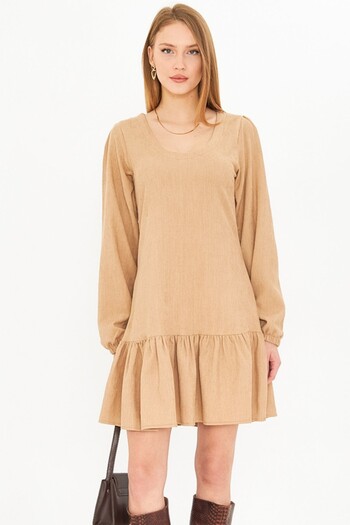armonika Women's Beige U Neck Hemline Ruffled Sleeves Elastic Velvet Short Dress Arm-25K 001086