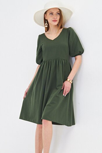 armonika Women Midi Length Dress Khaki U Neck Sleeves Elastic Waist Shirred Arm-25Y 001003