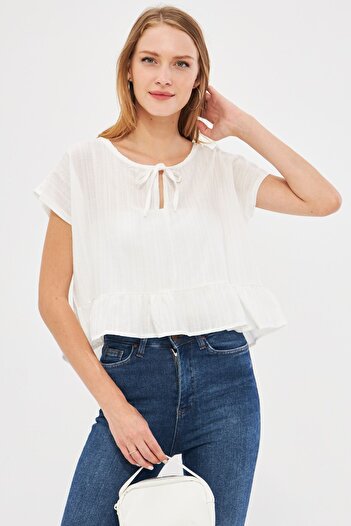 armonika White Oversize Crop Blouse - Bat Sleeve and Tie Skirt ARM-24Y 001088