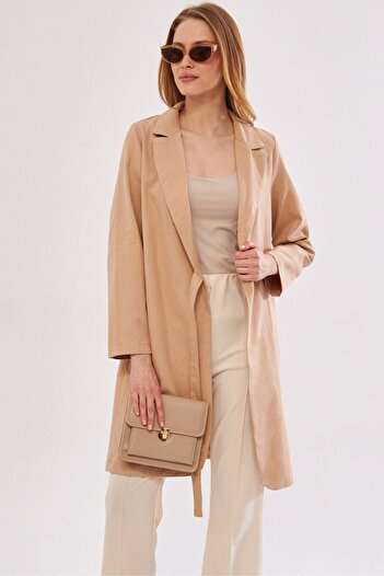 armonika Women's Beige Side Tie Long Coat ARM-24Y001019