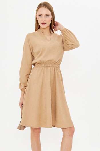 armonika Women's Beige Velvet V-Neck Elastic Waist Slim Ribbed Flared Dress Arm-25K 001049