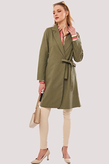 armonika Women's Khaki Side Tie Long Coat ARM-24Y001019