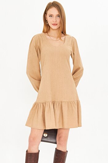 armonika Women's Beige U Neck Hemline Ruffled Sleeves Elastic Velvet Short Dress Arm-25K 001086