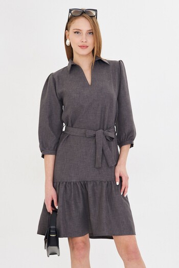 armonika Women's Smoked Shirt Collar Quarter Sleeve Waist Belted Skirt Shirred Dress Arm-25Y 001010